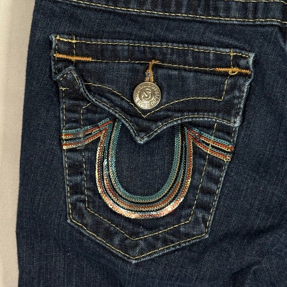 True Religion Section Straight Jeans Womens 28 Dark Wash Sequin Flap Pocket USA - Picture 11 of 14